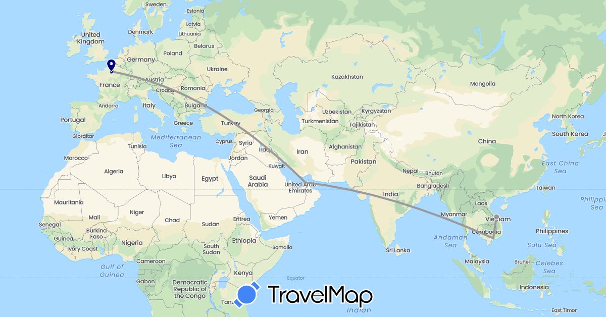 TravelMap itinerary: driving, plane in United Arab Emirates, France, Vietnam (Asia, Europe)