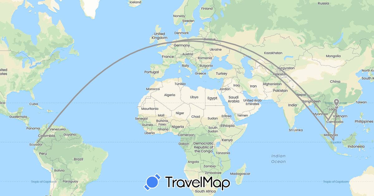 TravelMap itinerary: driving, plane in Ecuador, Netherlands, Singapore, Thailand, Vietnam (Asia, Europe, South America)