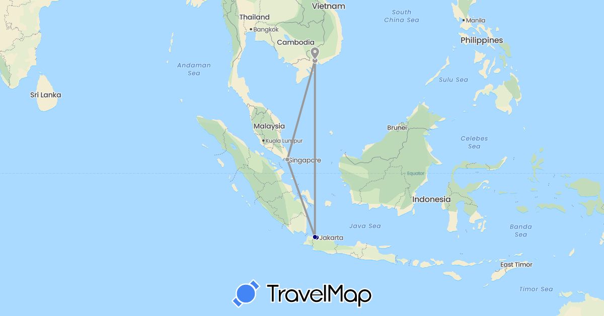 TravelMap itinerary: driving, plane in Indonesia, Singapore, Vietnam (Asia)