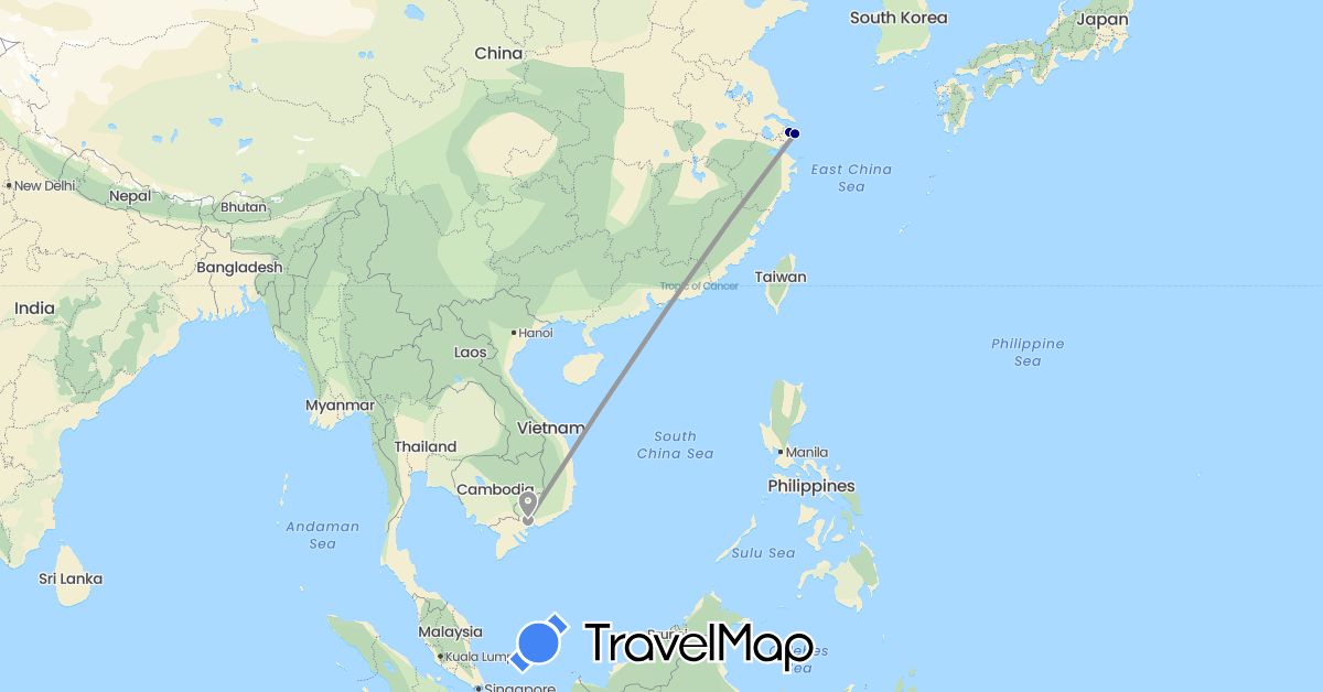 TravelMap itinerary: driving, plane in China, Vietnam (Asia)