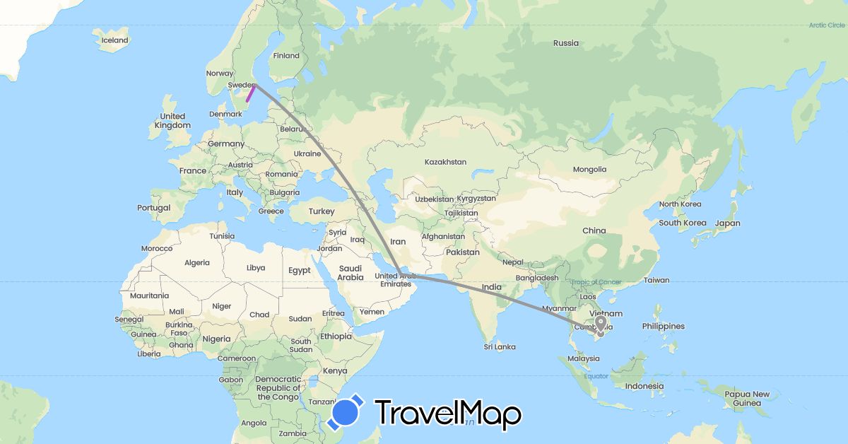 TravelMap itinerary: driving, plane, train in United Arab Emirates, Sweden, Vietnam (Asia, Europe)