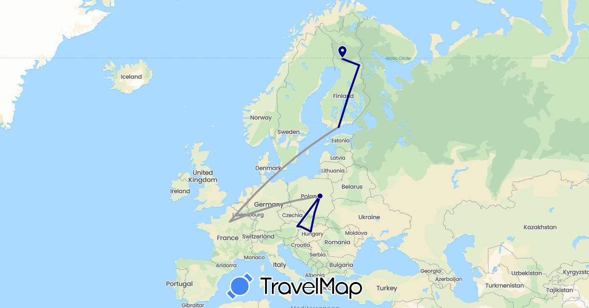 TravelMap itinerary: driving, plane in Austria, Finland, France, Hungary, Poland, Slovakia (Europe)